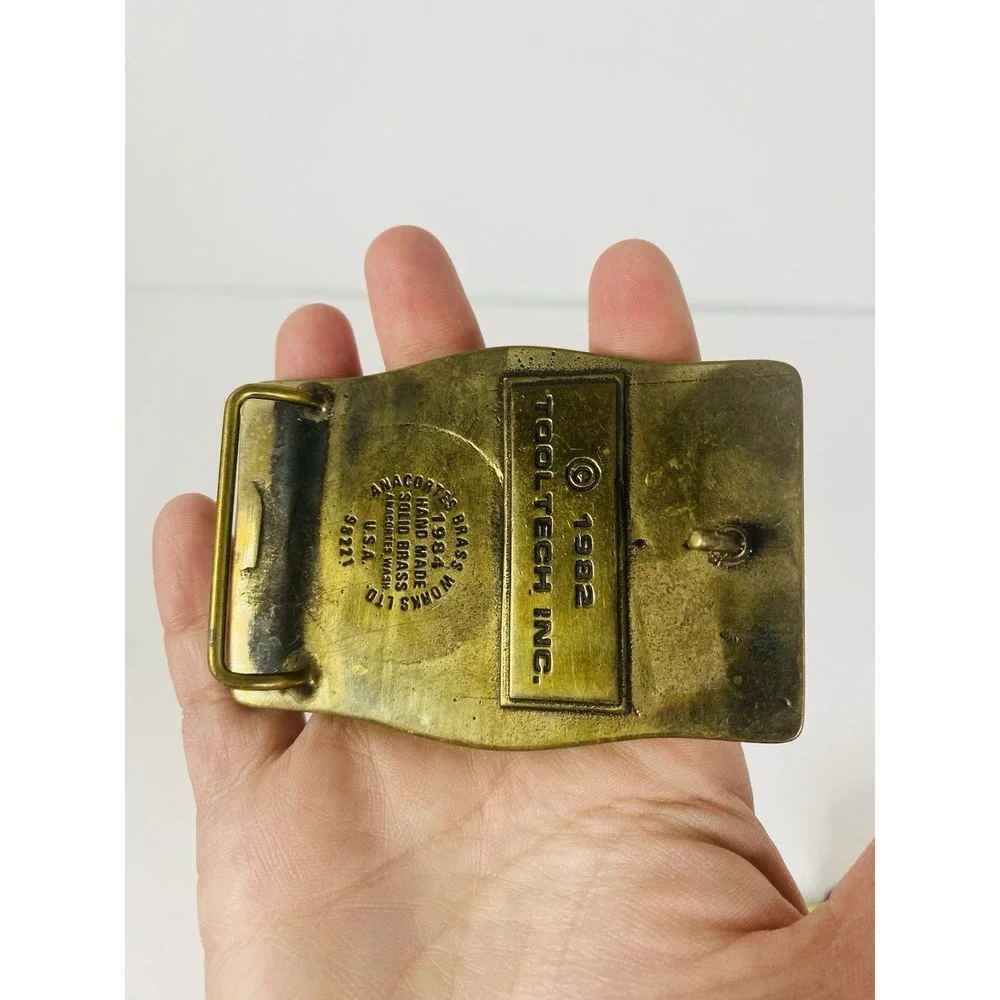 Tooltech‎ 1982 Solid Brass Belt Buckle Still Turnin To The Right Anacortes